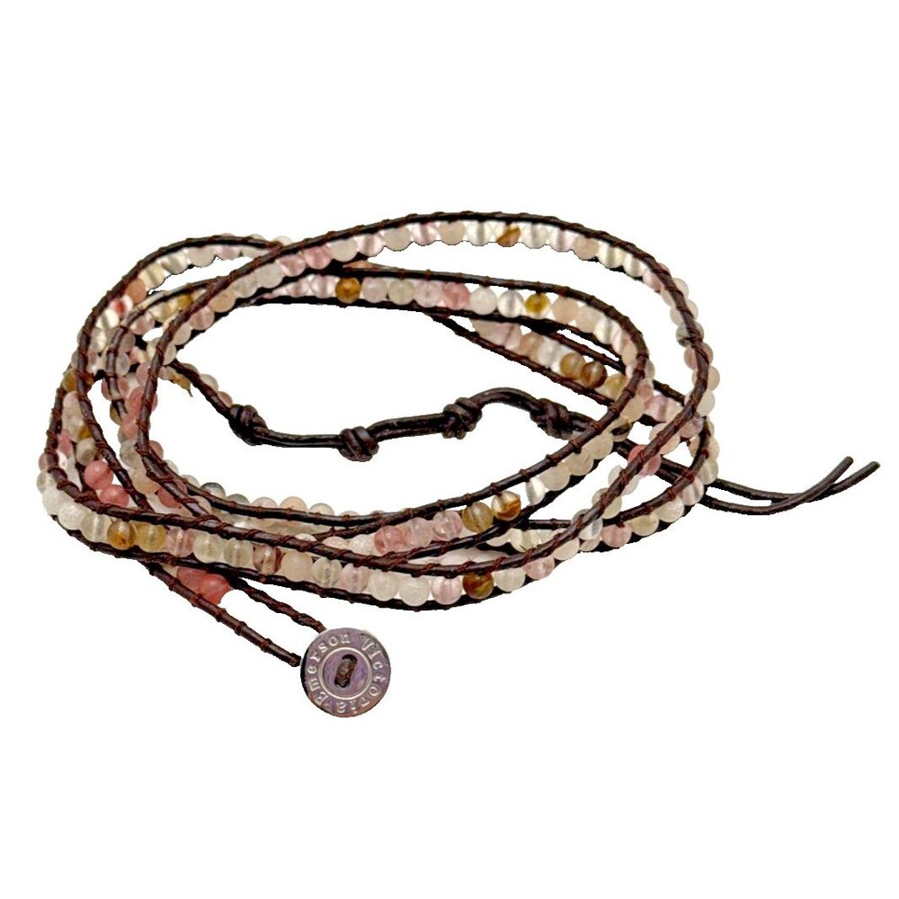 Victoria Emerson Wrap Bracelet Brown Leather Multicolor Stone Beaded Boho 33-36"